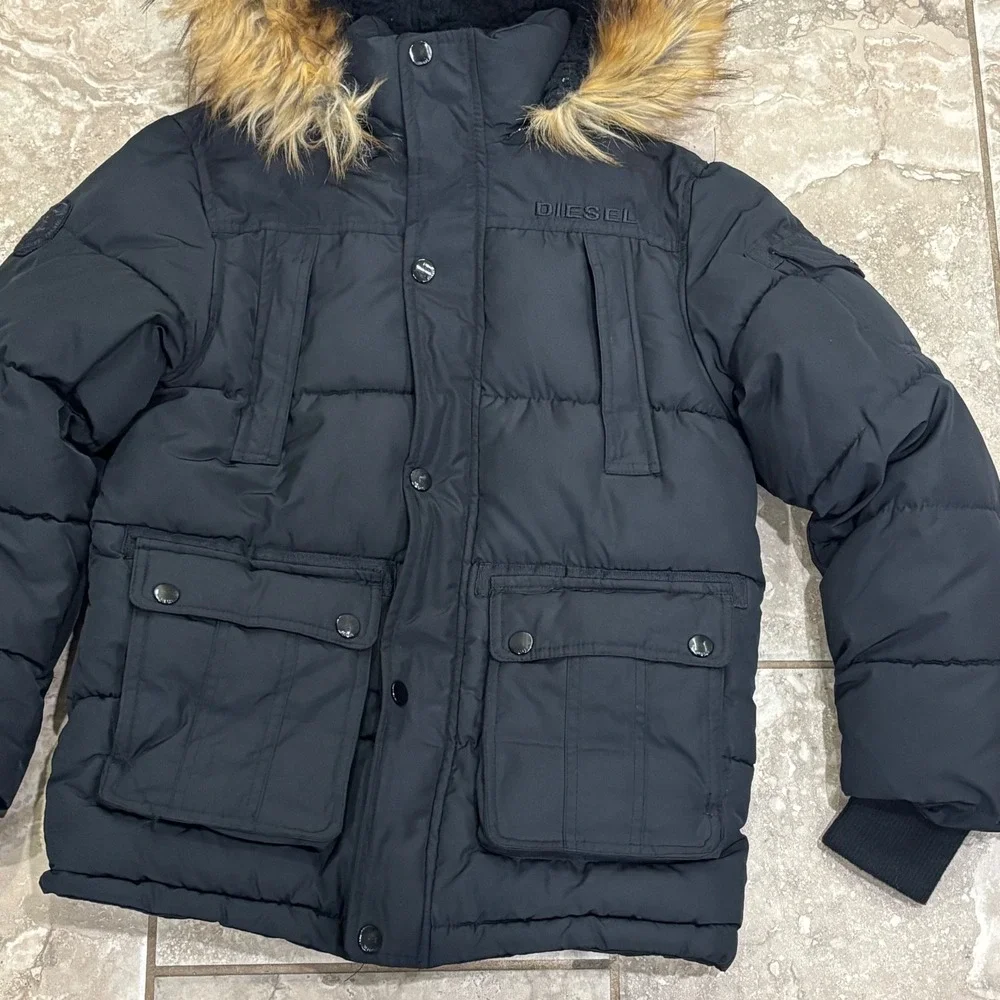 Diesel Kids Black Puffer Parka Jacket Faux Fur Hood Sherpa Lined Size M 10/12